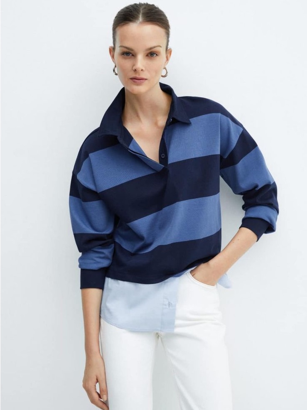 Mango Layered Striped Rugby Polo Blue Navy 100% Cotton New without Tag Medium